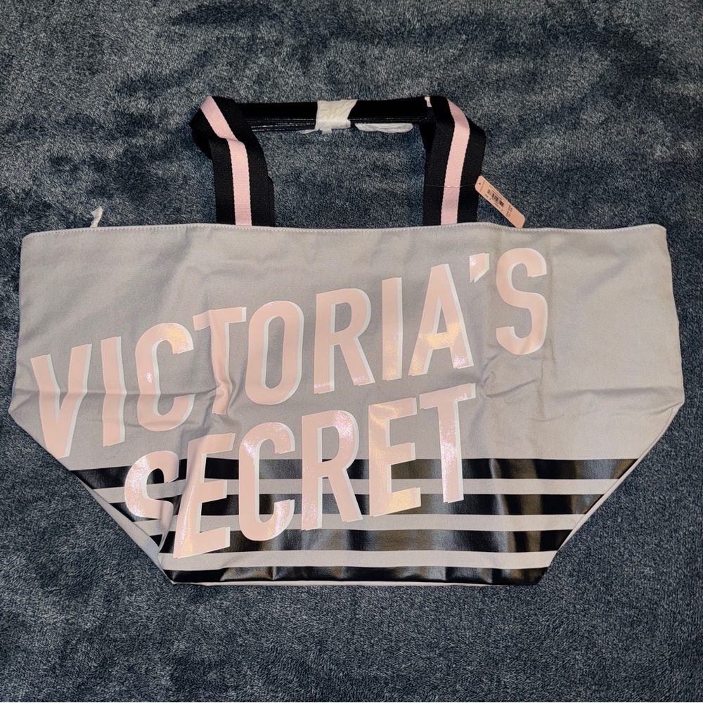 NWT Victoria's Secret Tote Bag Light Grey Pink Black w/logo